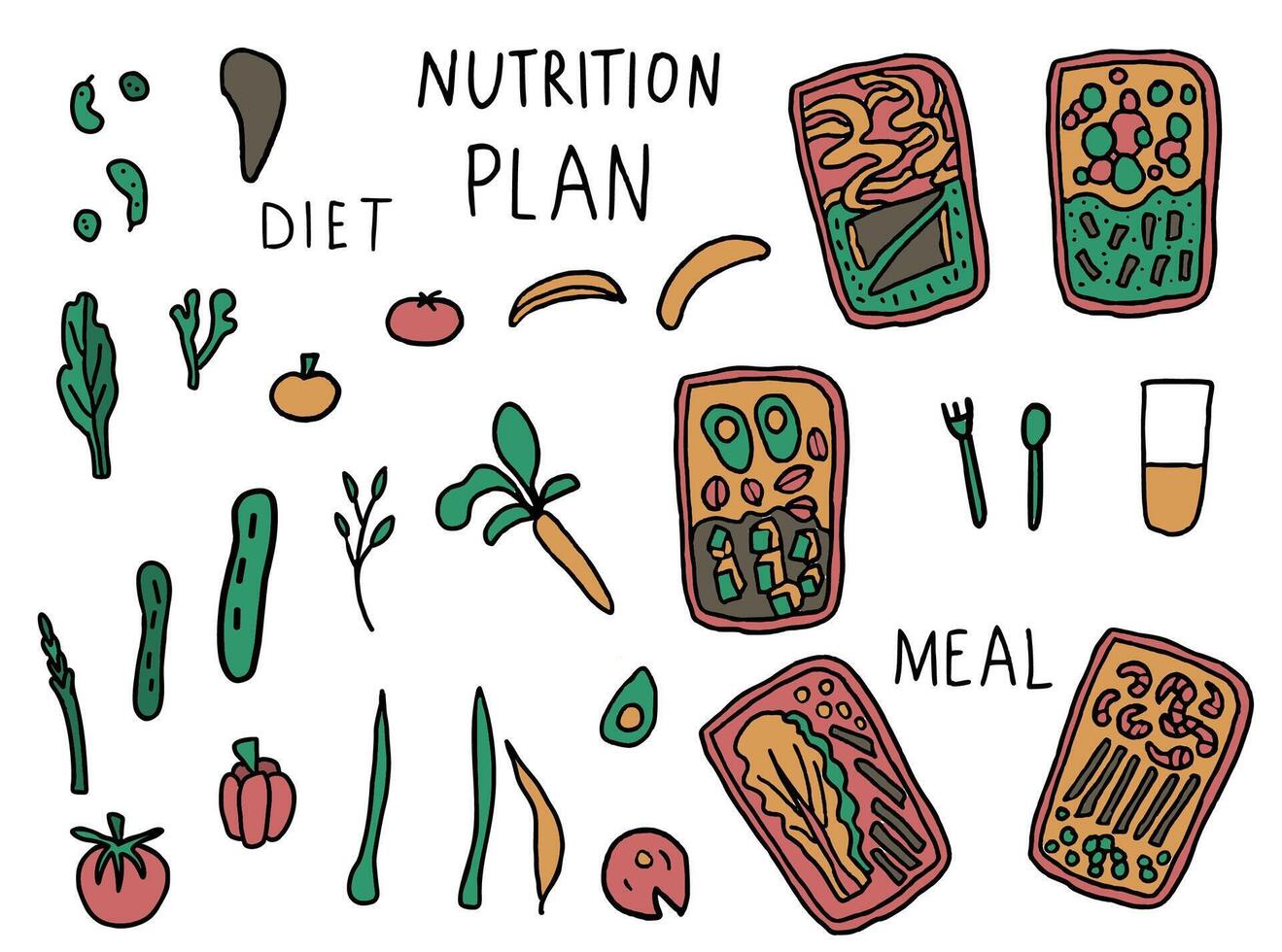 Health food set. Lunch boxes with meal. vector