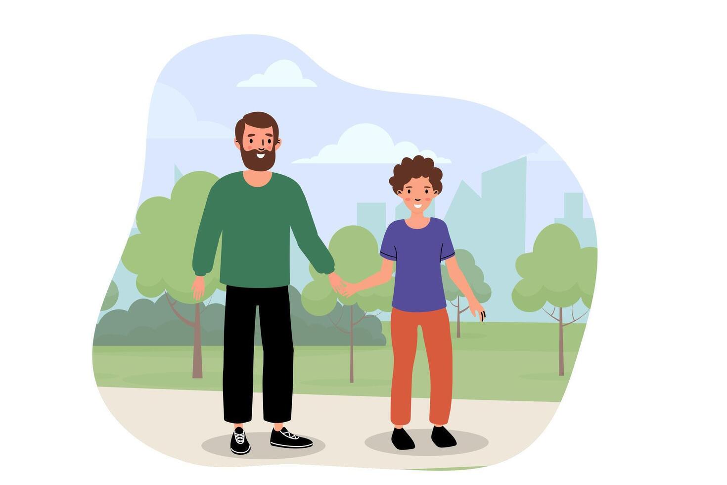 A father and son enjoying quality time while holding hands in a city park during the afternoon vector