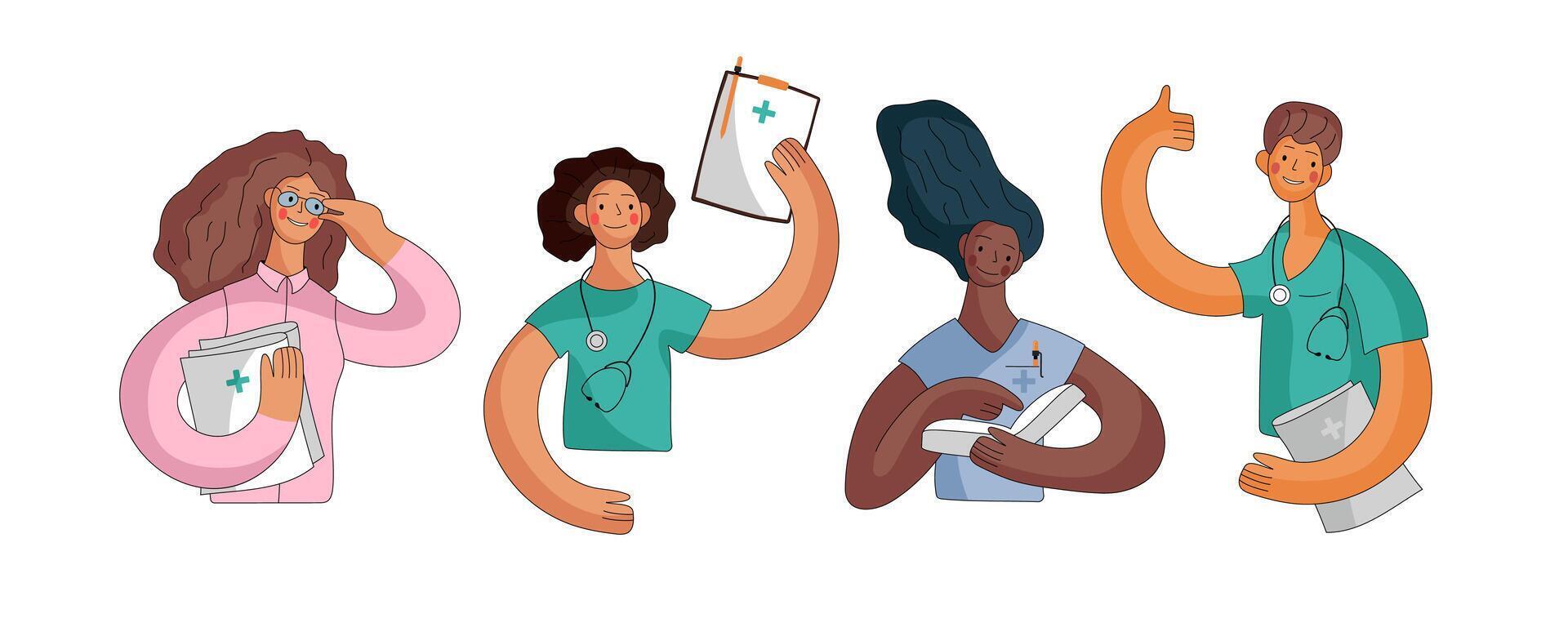 Diverse healthcare professionals engaging in various tasks in a vibrant, illustrated style vector