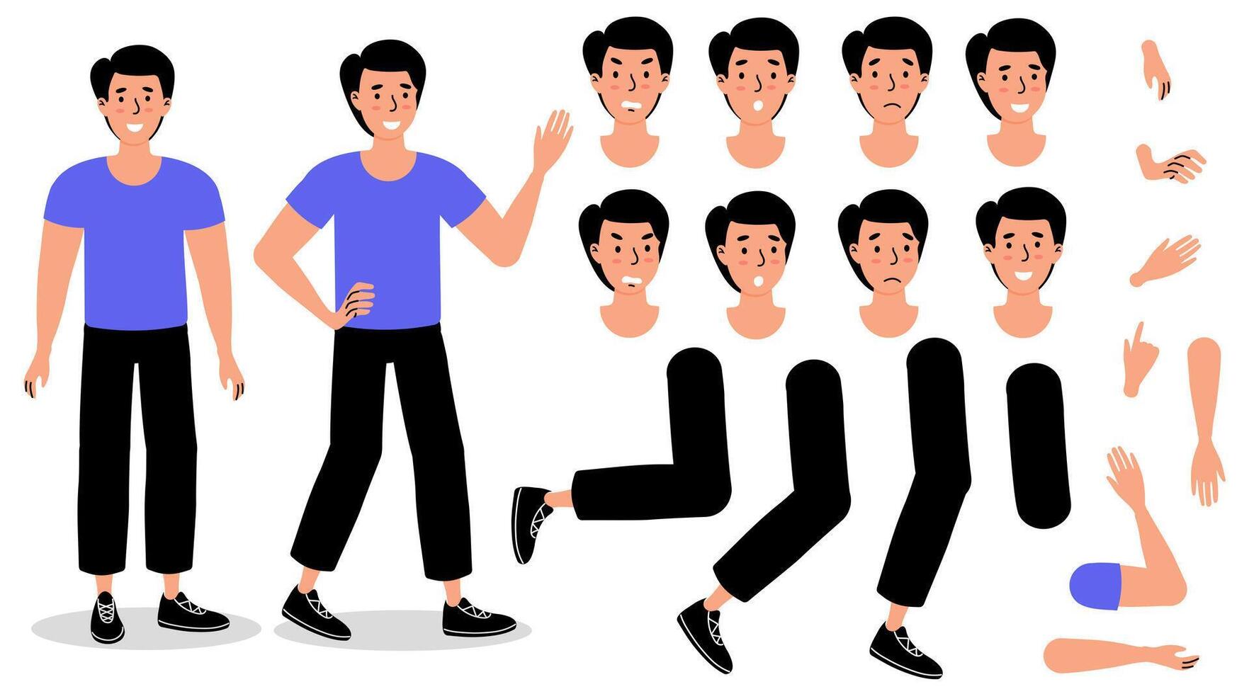 Illustration of a character with various facial expressions and body poses in a flat design style vector
