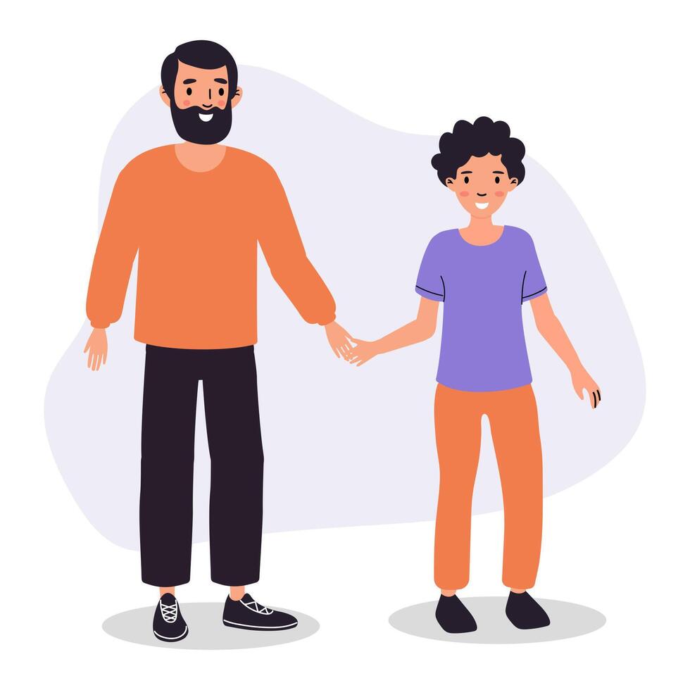 A father and son joyfully holding hands while enjoying a casual day together at home vector
