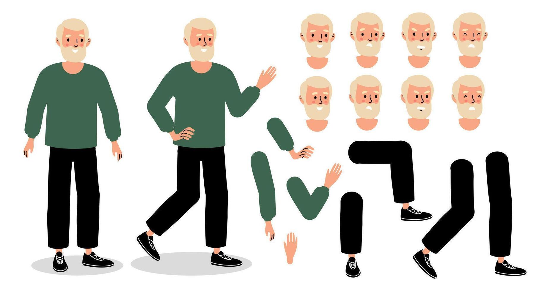 A variety of illustrated characters showcasing an elderly man in different poses, expressions, and seasonal attire vector