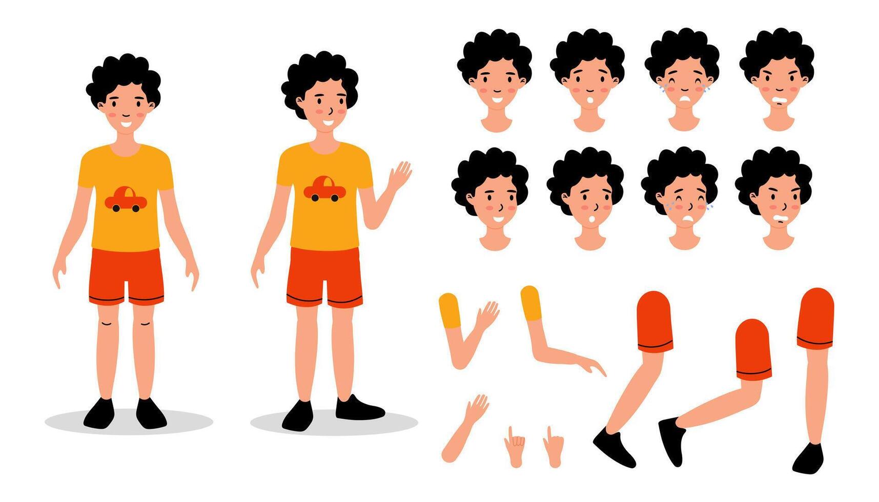 A character design sheet featuring a young boy in shorts with various facial expressions and poses vector
