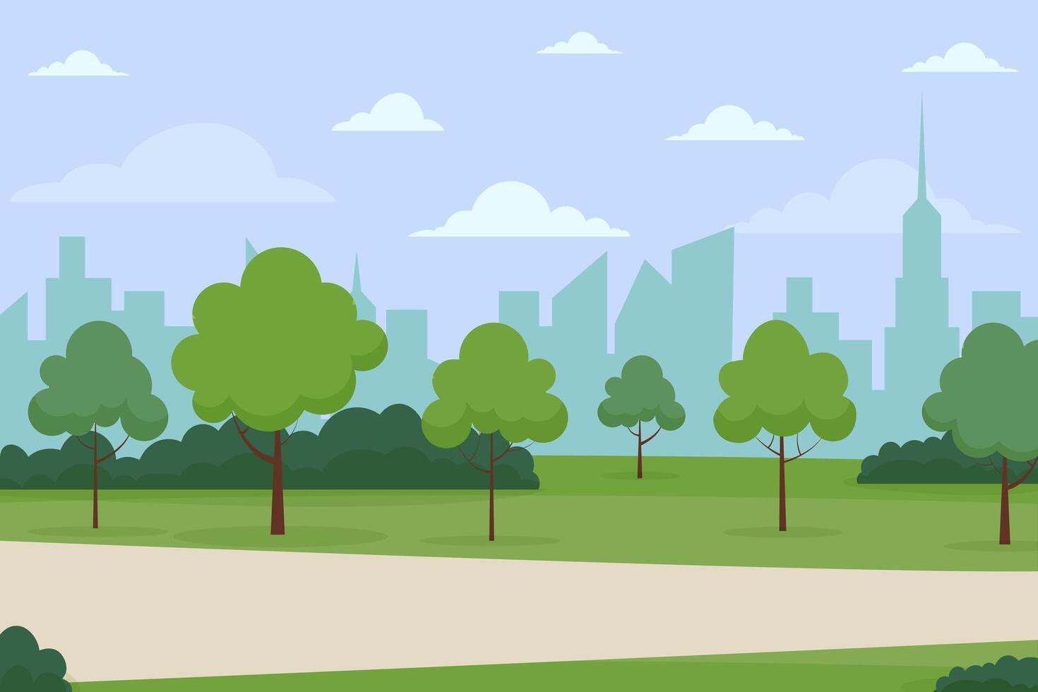 Urban Park With Lush Green Trees and City Skyline on a Clear Day vector