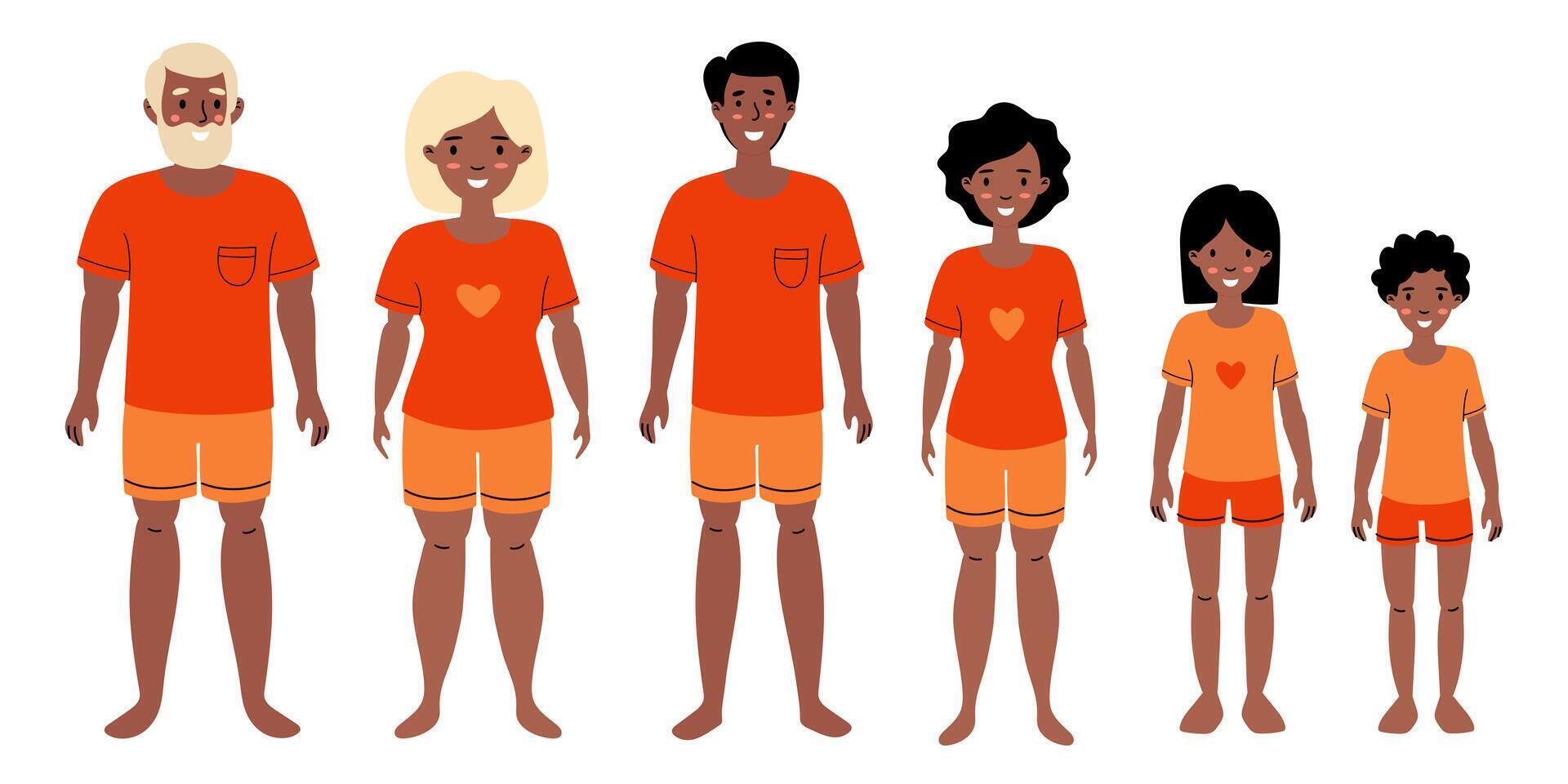 A colorful family of diverse individuals in matching orange outfits standing together vector