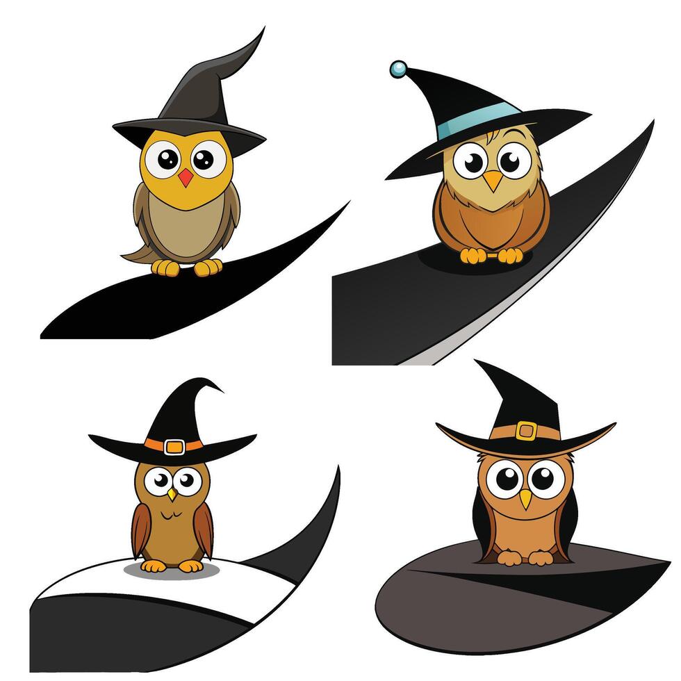Halloween owl in witch hat illustration Icon Set vector