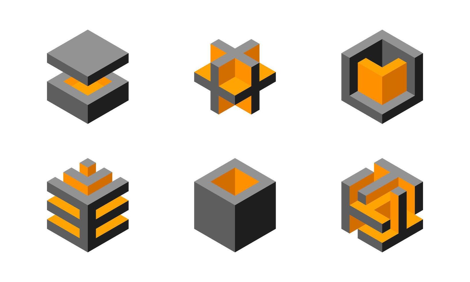 Cube logo, geometric design. Box logotype company, trendy tech emblem in pixel style. vector