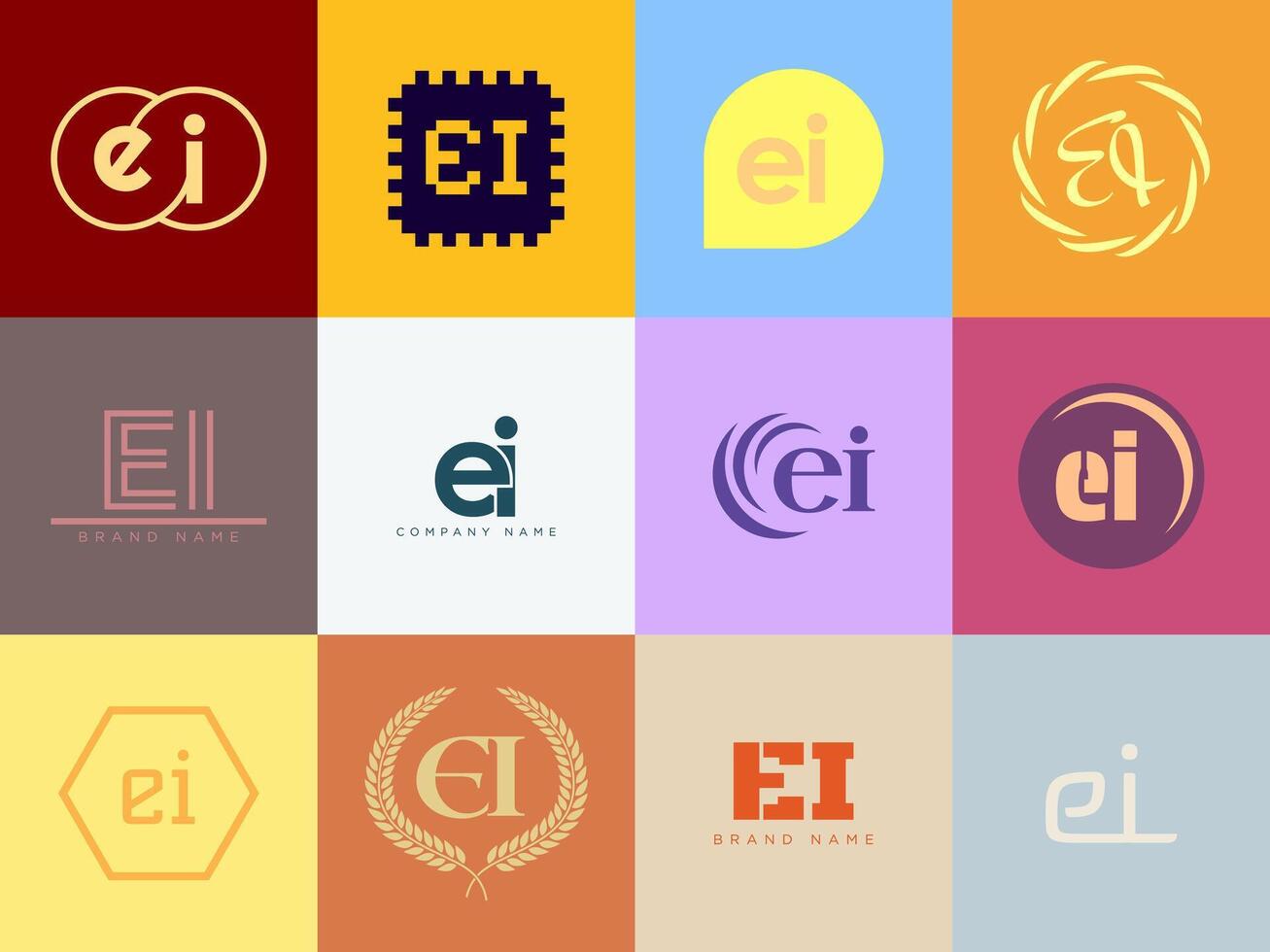 EI logo company template. Letter e and i logotype. Set different classic serif lettering and modern bold text with design elements. Initial font typography. vector