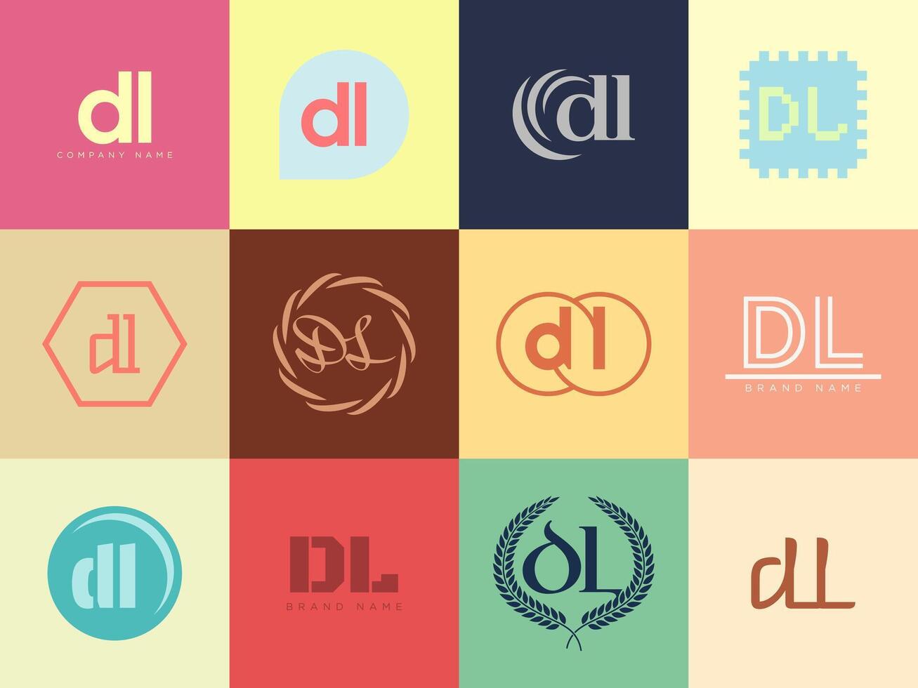 DL logo company template. Letter d and l logotype. Set different classic serif lettering and modern bold text with design elements. Initial font typography. vector
