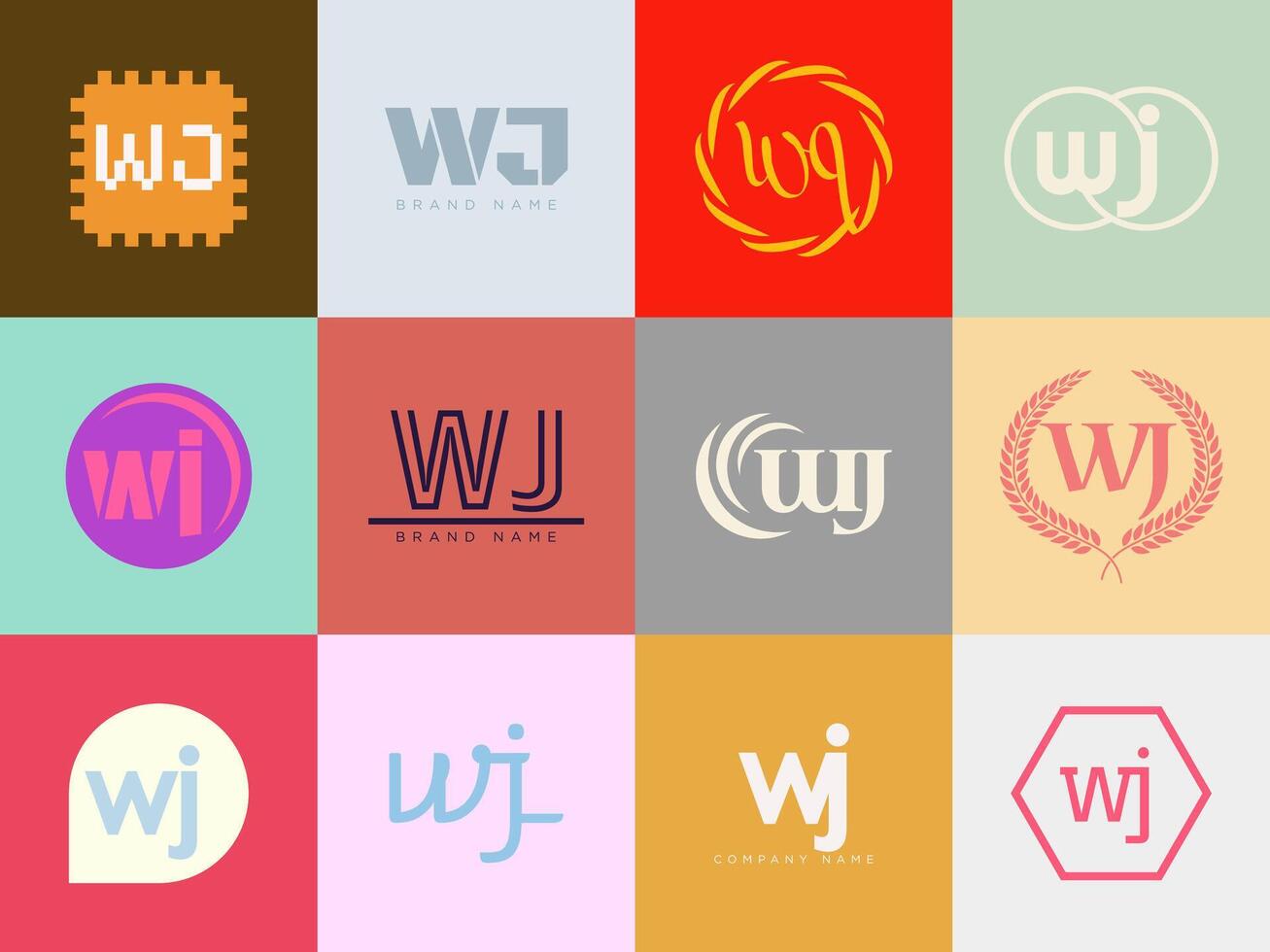 WJ logo company template. Letter w and j logotype. Set different classic serif lettering and modern bold text with design elements. Initial font typography. vector