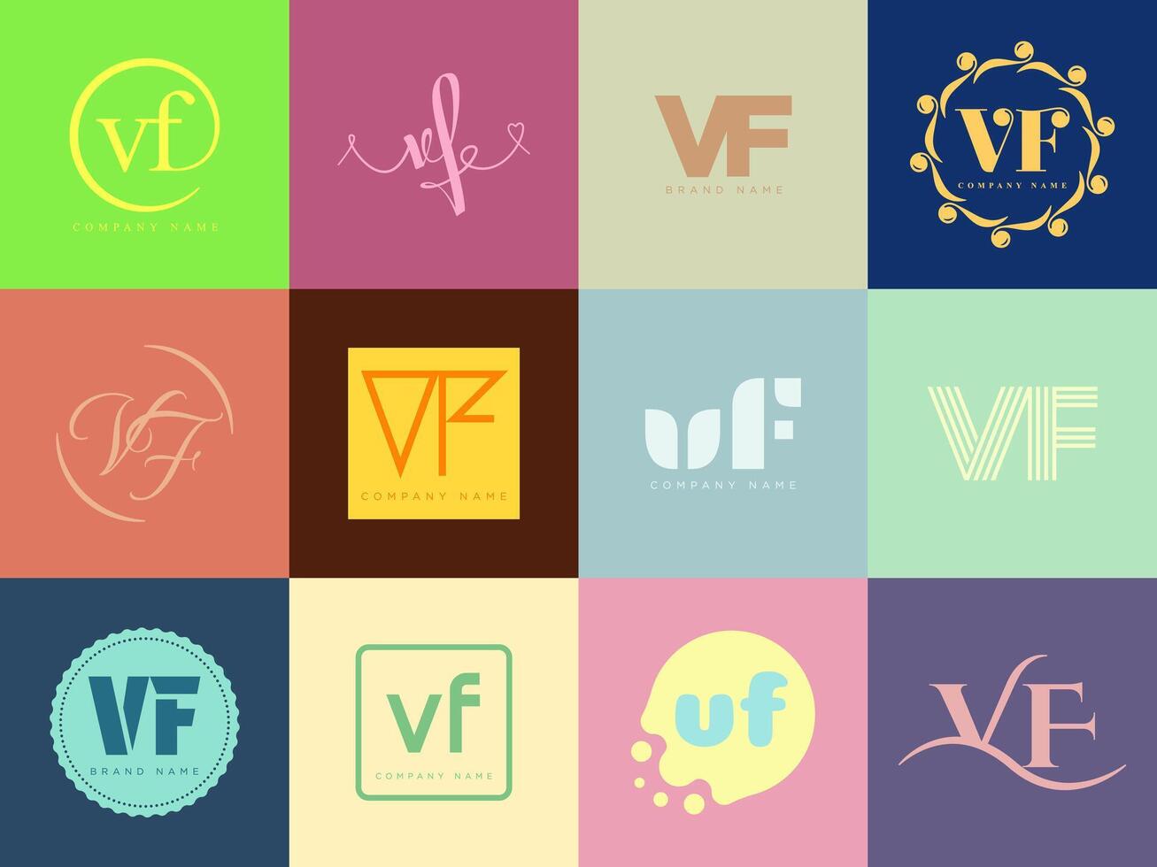 VF logo company template. Letter v and f logotype. Set different classic serif lettering and modern bold text with design elements. Initial font typography. vector