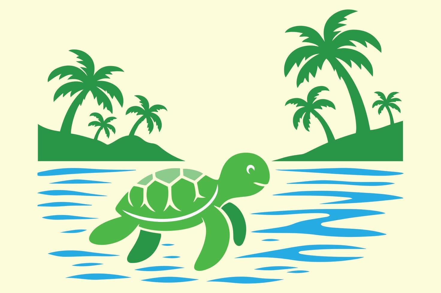 a turtle swimming in the ocean with palm trees vector