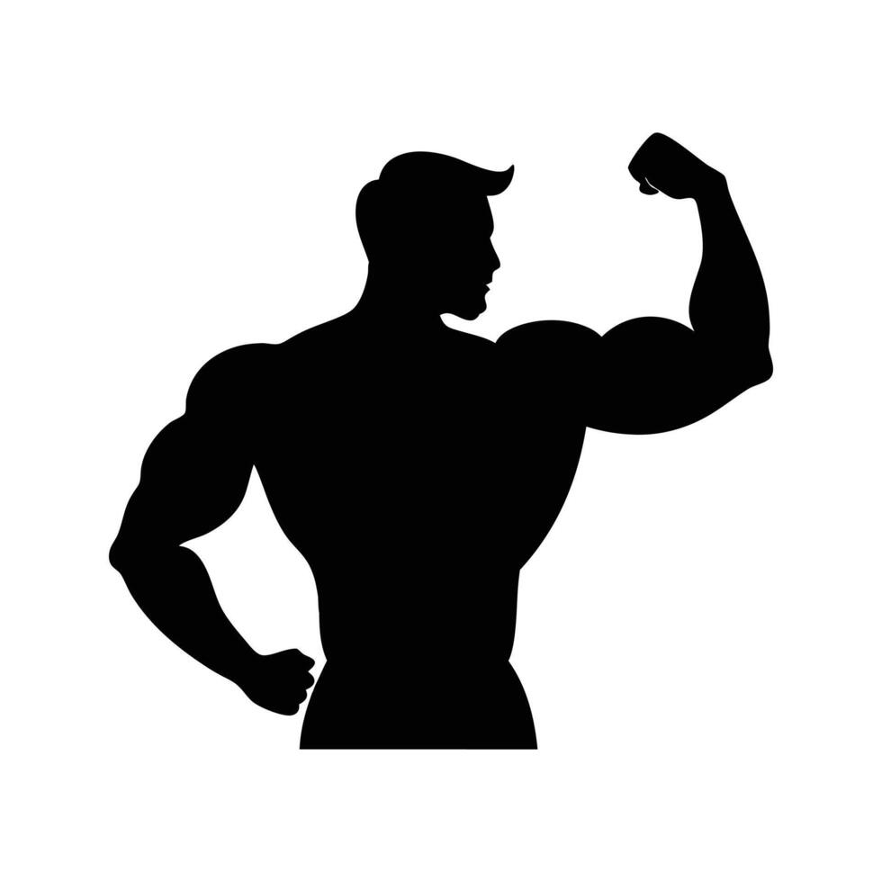 Silhouette of a body builder man illustration, Muscular bodybuilder silhouette illustration isolated on white background. Sport man strong arms show in different pose. Body builder vector