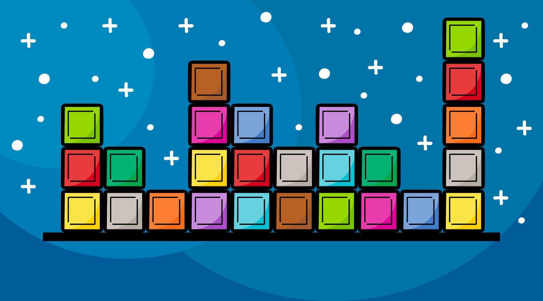Colorful falling blocks game banner on blue background, playful scene of color blocks with starry night sky, illustration. vector