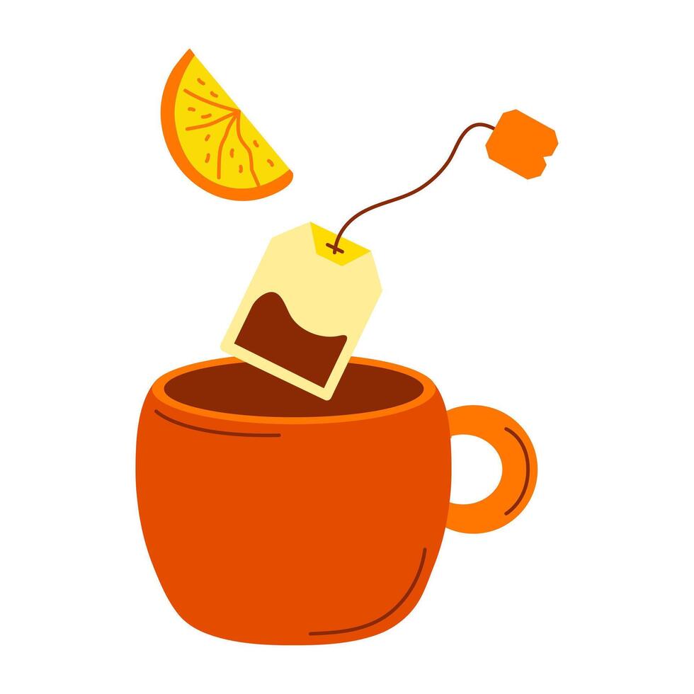 Cup with tea bag, lemon slice. Black tea brewing in cup. Citrus slice, hot drink in mug. Treatment of colds. Kitchen utensils, tableware. Isolated. Brown warm colors. Flat style. illustration vector