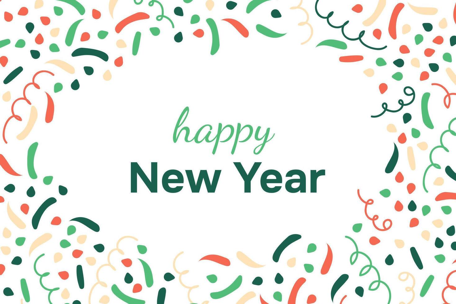 Happy New Year card confetti. Curl, swirl, cracker. Party popper. Space for text congratulations on holiday. Explosion serpentine ribbons. Festive surprise. Horizontal banner. flat illustration vector
