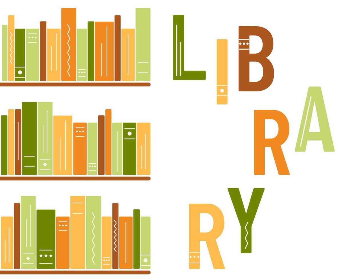 Bookshelves. Books arranged in the word Library. Hardcovers of literature. Textbook covers on the shelf. Book spine. Bookcase. School, education, reading. Funny text. Colored. illustration vector
