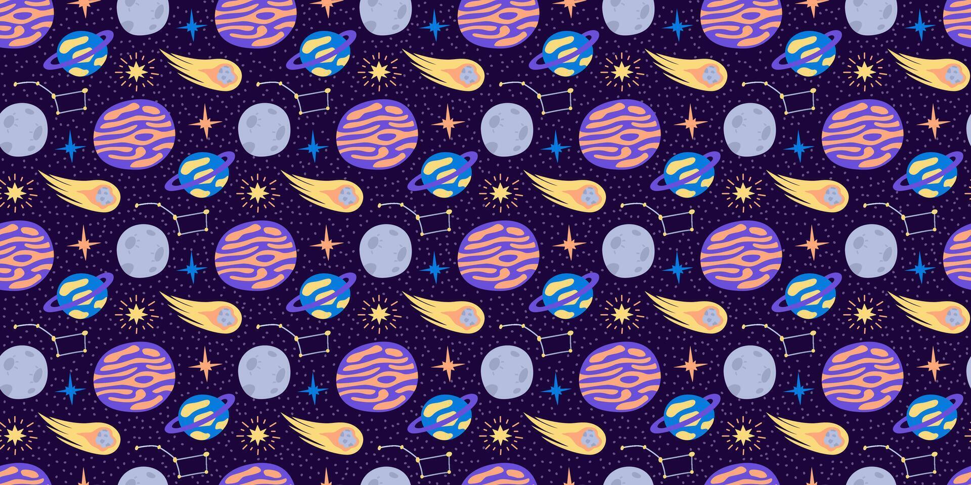 Space pattern for kids. Outer space with funny planets, comet, Ursa Major constellation. Moon and stars. Cute doodle elements of Galaxy. Seamless print of astronomy, astrology. illustration vector