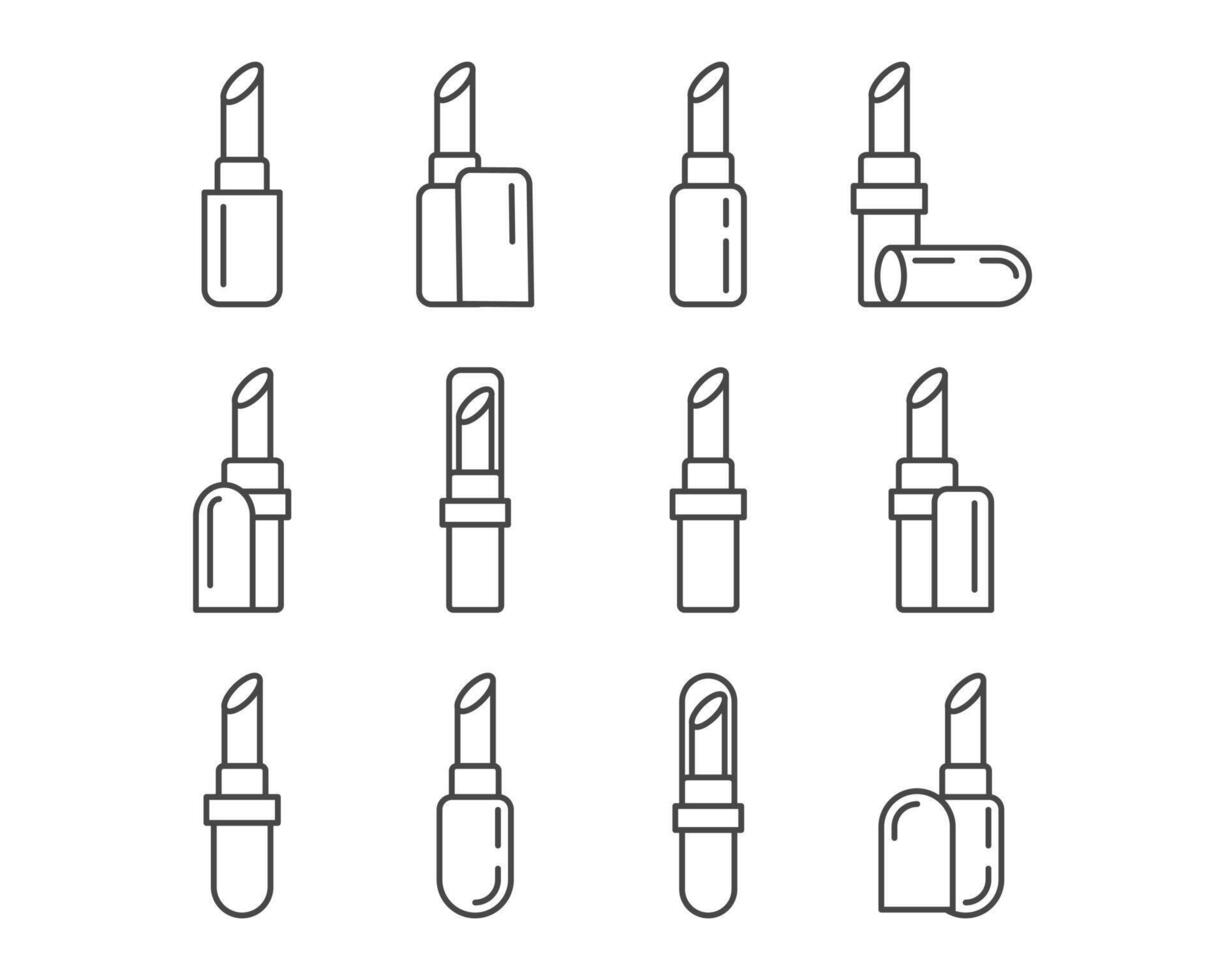 Collection makeup and cosmetics. Beauty linear graphic icons in the form of lipstick with lip care cap. vector