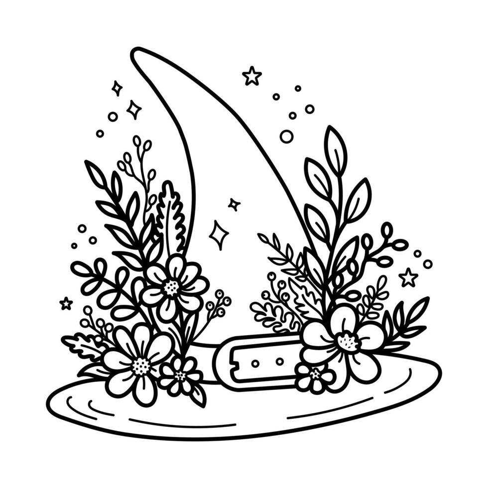 Charming illustration of a witch's hat decorated with a variety of flowers, perfect for colouring pages vector