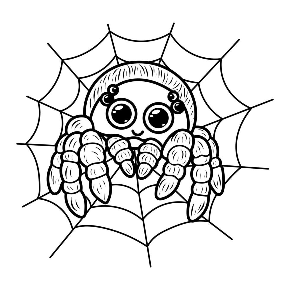 illustration of adorable cartoon spider with big expressive eyes perched on a web. Perfect for coloring books vector