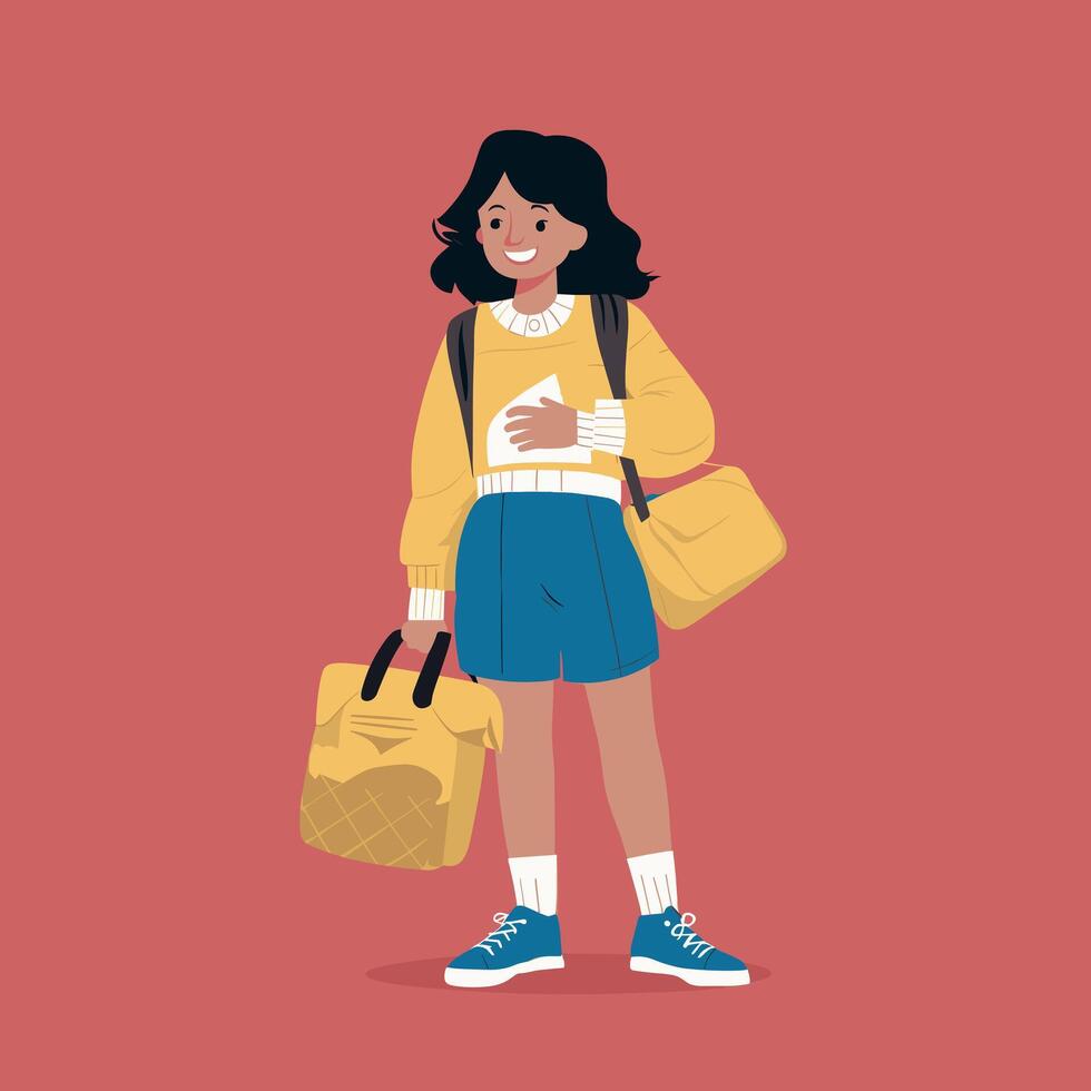 a drawing of a student girl and a backpack and book vector
