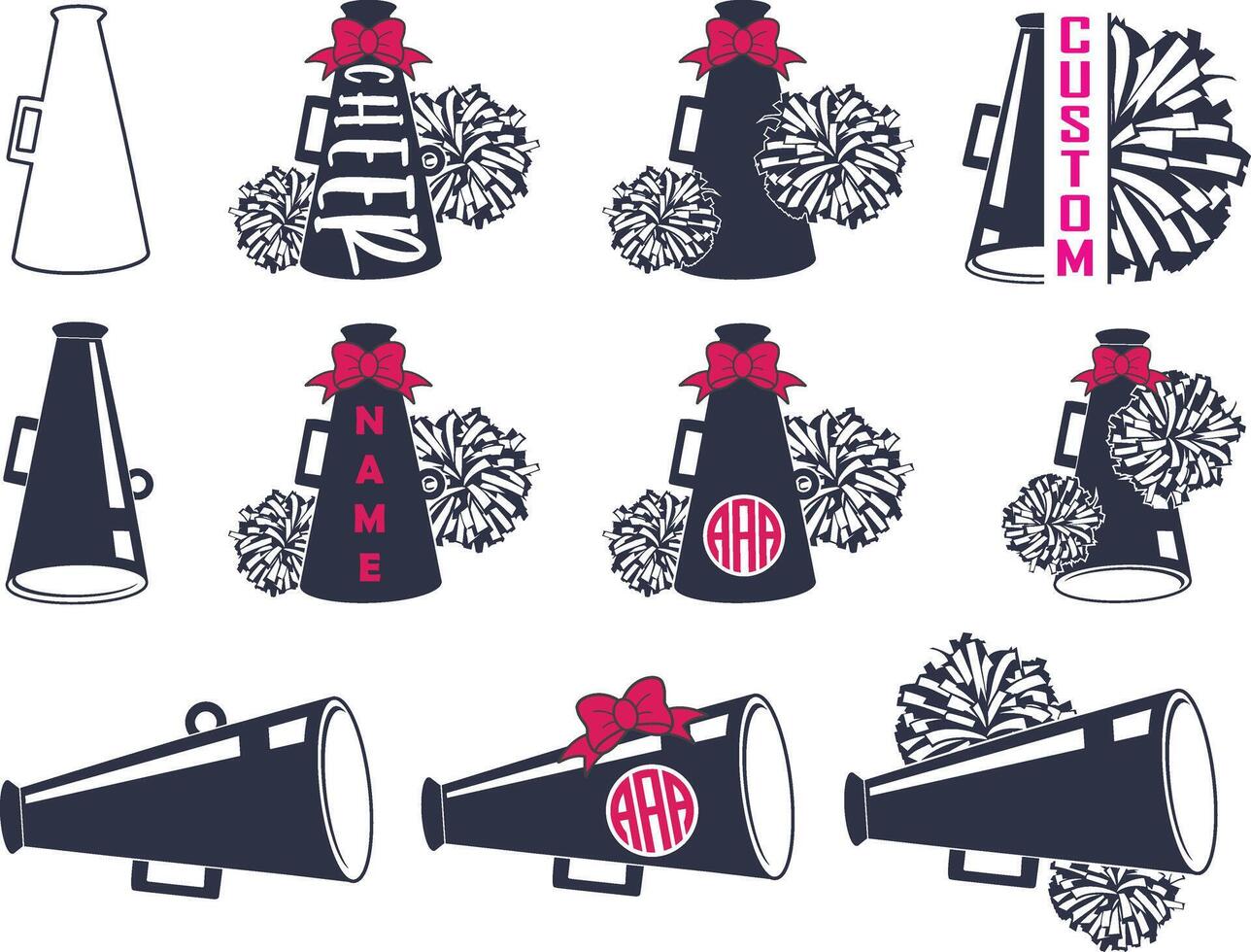 Cheerleader Pom and Megaphone, Megaphone Monogram, Pom Poms Custom Text Files vector