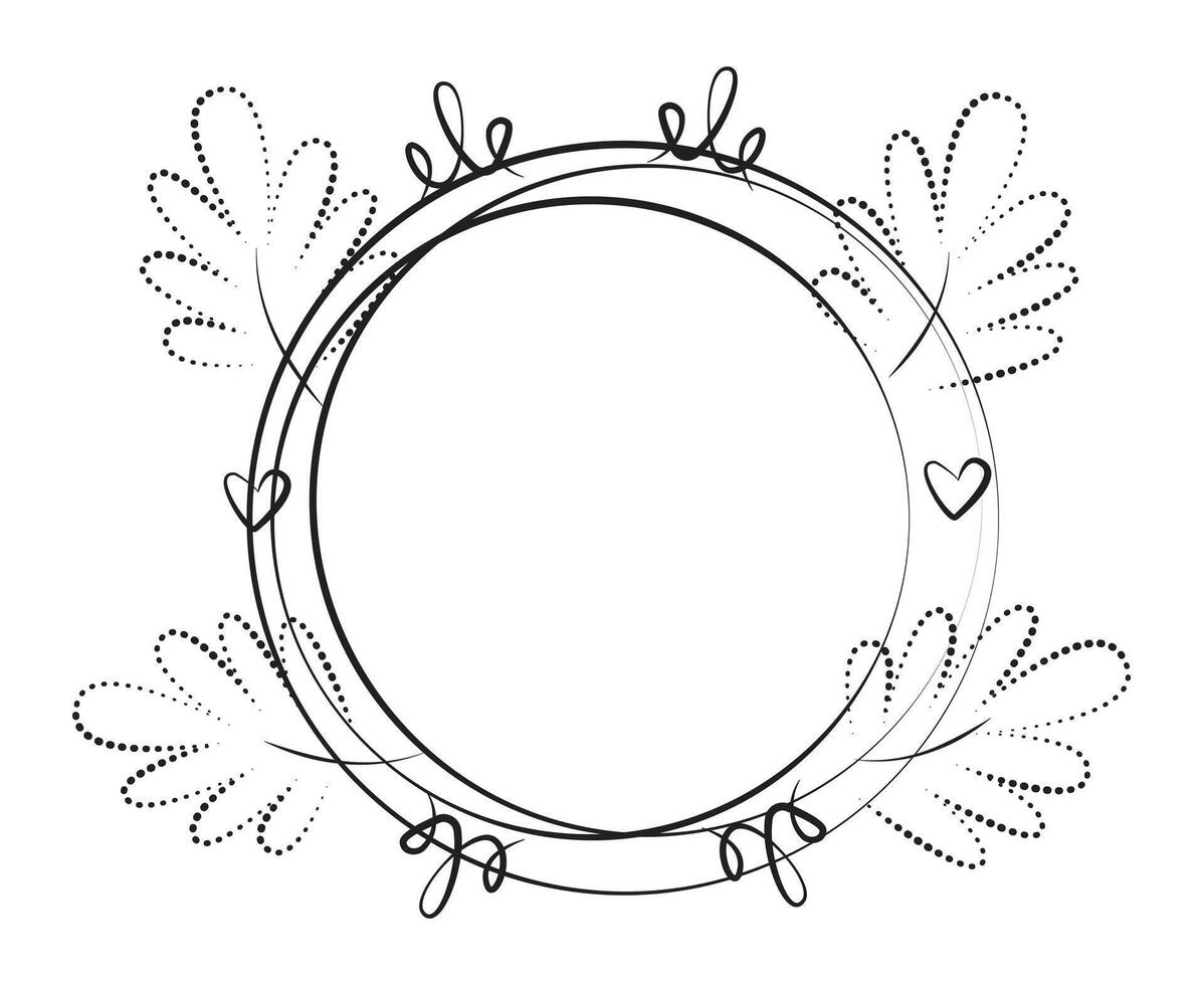Black line and dotted round frame with leaves, hearts and crowns, monochrome illustration vector