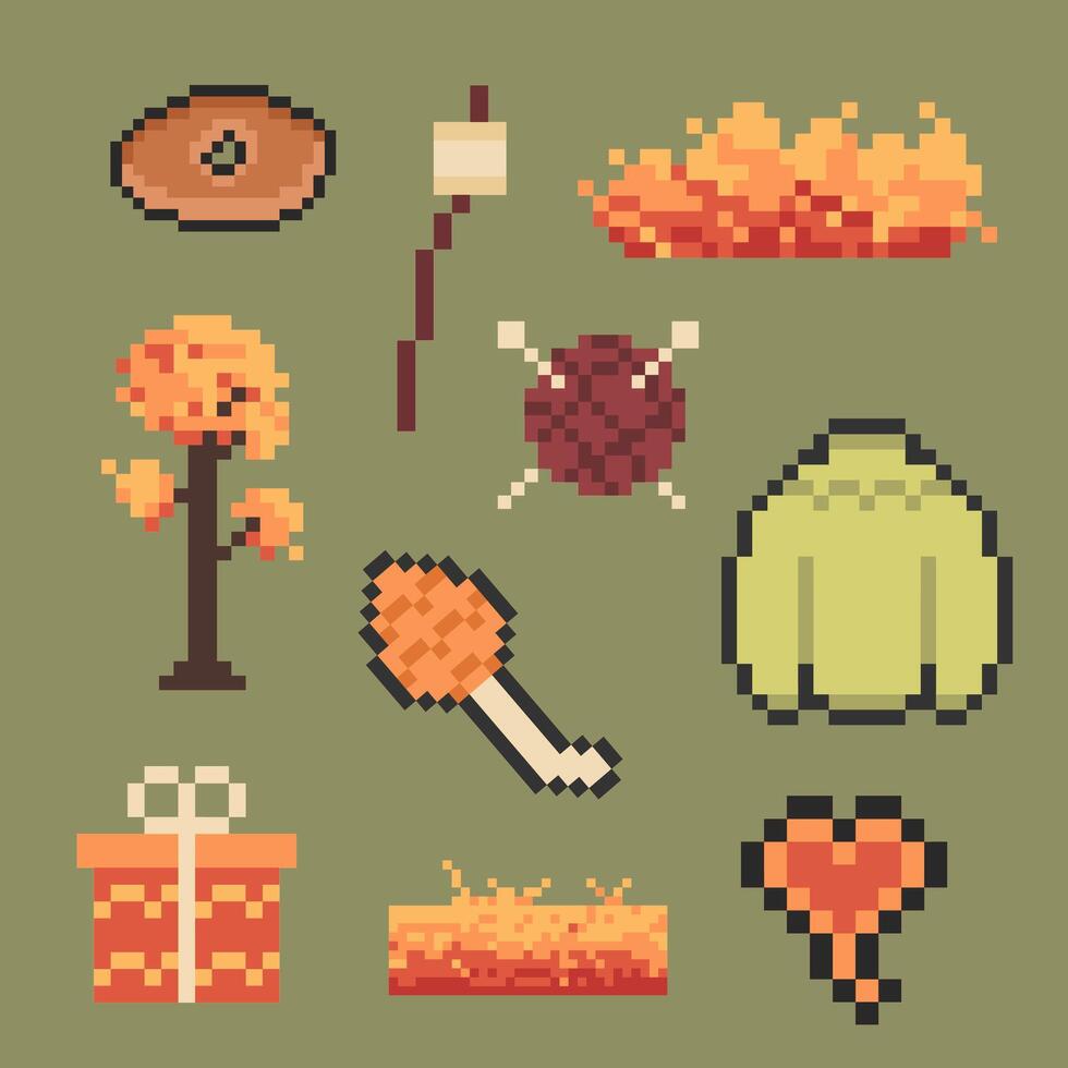 autumn object bundle pixel art for your design vector