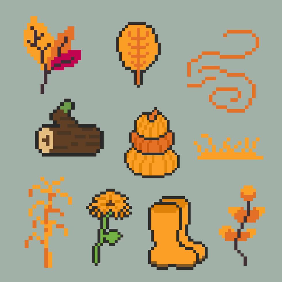 autumn object bundle pixel art for your design vector