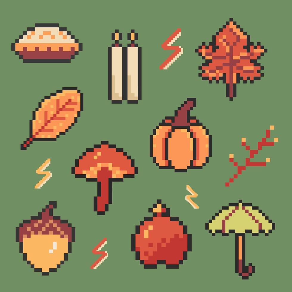 autumn object bundle pixel art for your design vector