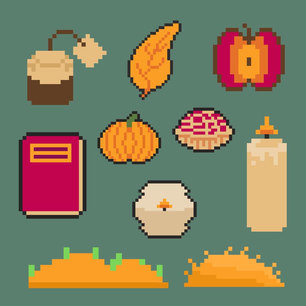 autumn object bundle pixel art for your design vector