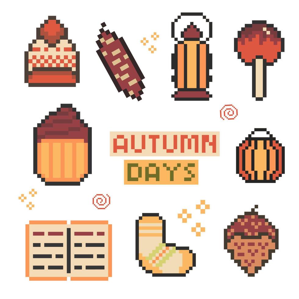 autumn object bundle pixel art for your design vector