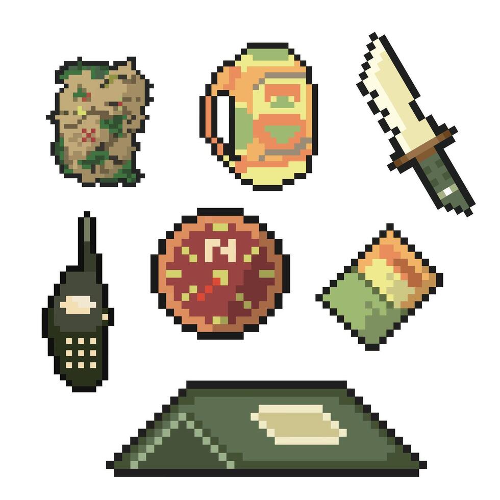 hiking set pixel art for dynamic digital projects and designs. vector
