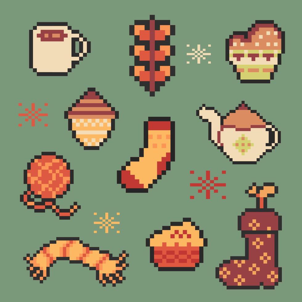 autumn object bundle pixel art for your design vector