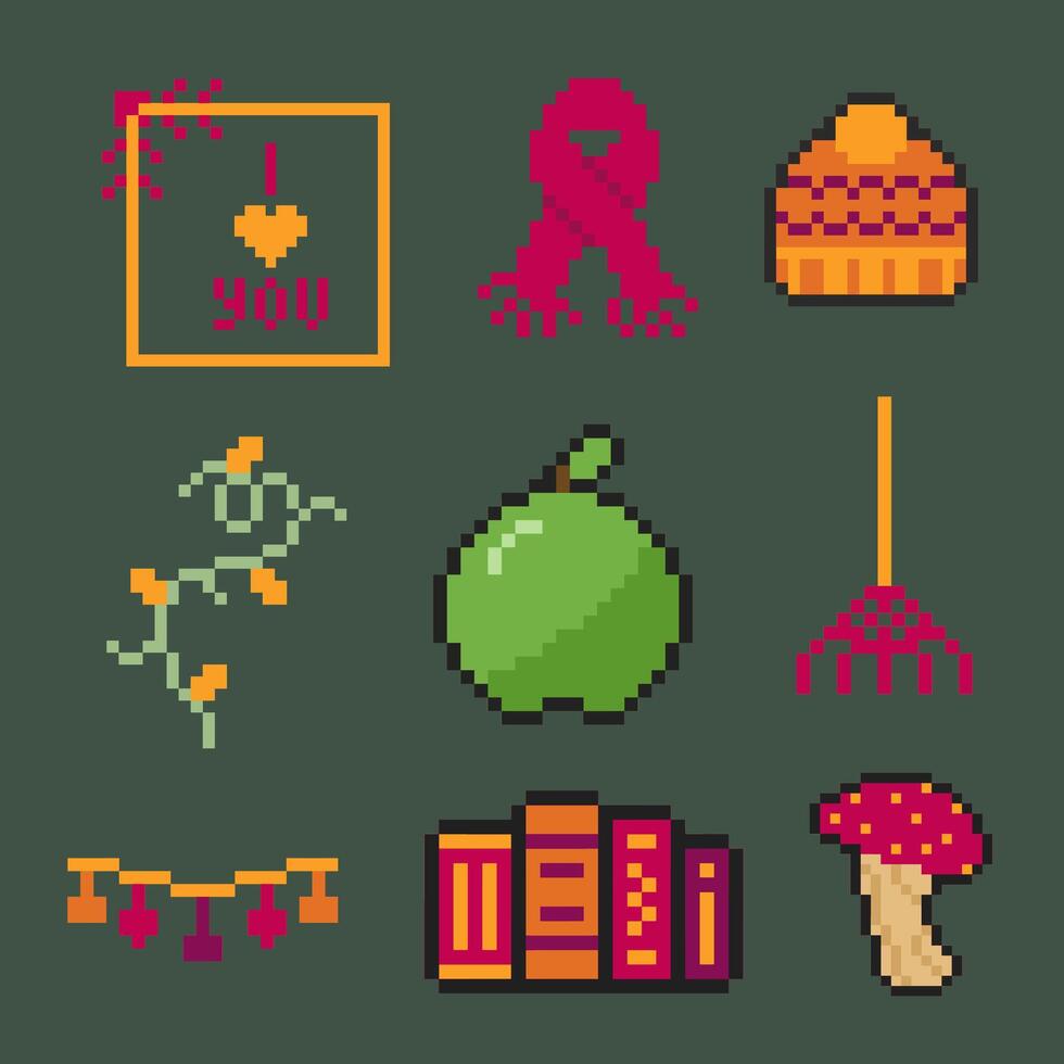 autumn object bundle pixel art for your design vector