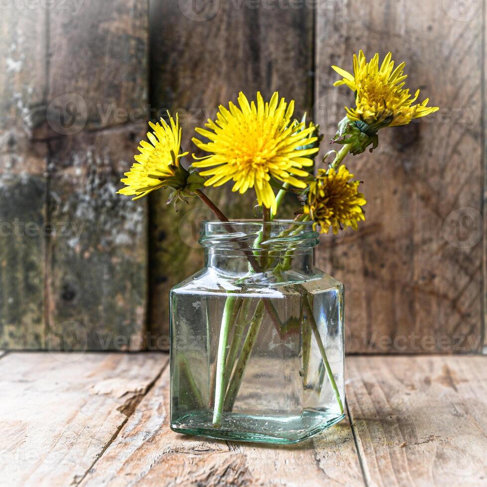 Small bouquet of dandelions in a glass vase on a wooden background. Minimalism. photo