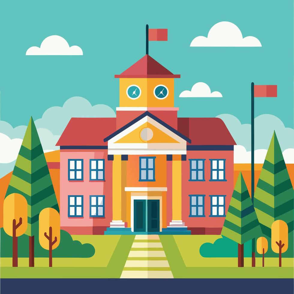 Artwork of school with plant in field vector