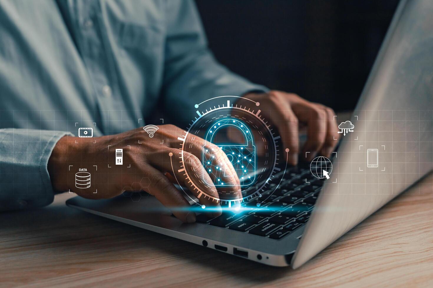 Cyber security and privacy protection network security computer and safe data concept. Businessmen protect personal data information from viruses on a laptop with virtual screen interfaces. photo