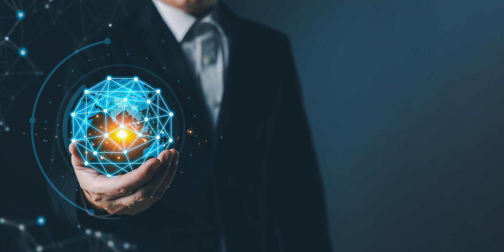 Hologram world and networked connections in the hands of businessmen.Big data analytics and business intelligence concept. Digital link tech.information technology exchange and innovation transform. photo