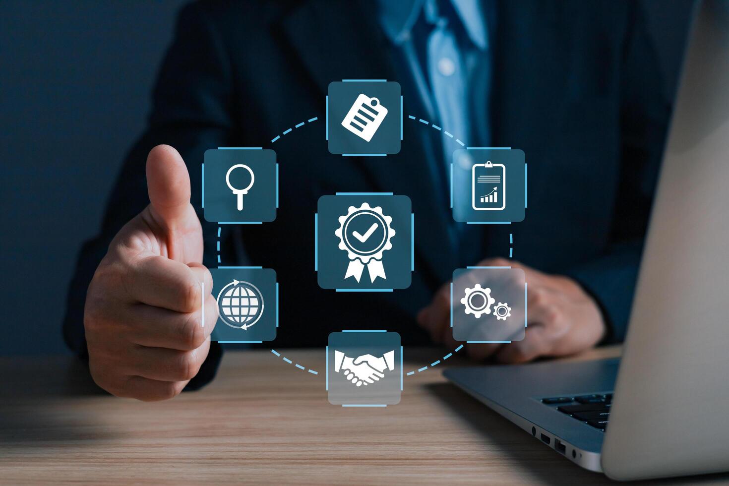 ISO certification, Standards, Guarantee, and standardization concept. person's hand thumbs up and show the sign of the top service best quality. photo