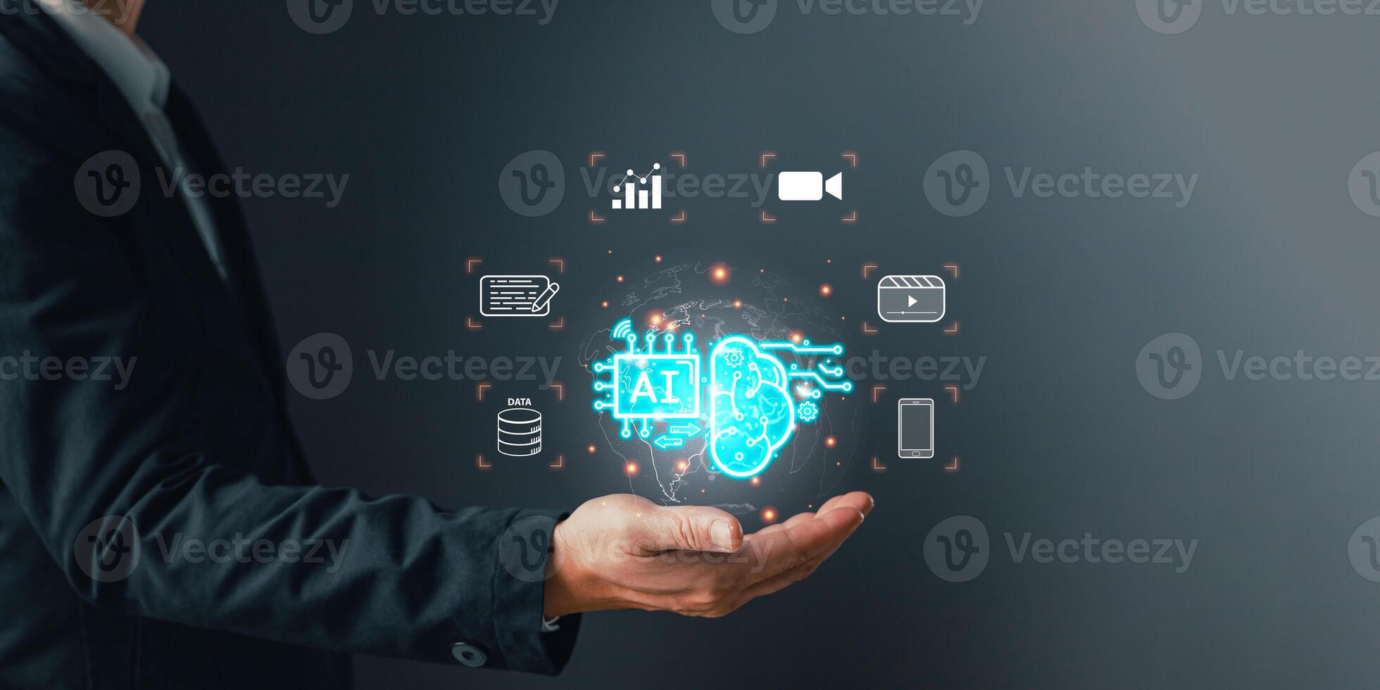 Man hold icon AI management, Marketers education, research, analysis media streaming content creation and online marketing strategy to grow their digital business. Using AI to analyze business. photo