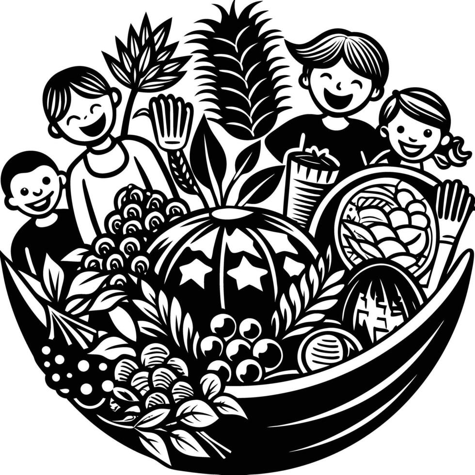 a black and white drawing of a group of children with foods on it. vector