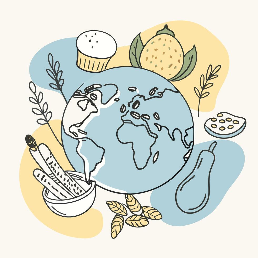 a drawing of a globe with a hand drawn illustration of a globe and some fruit. vector