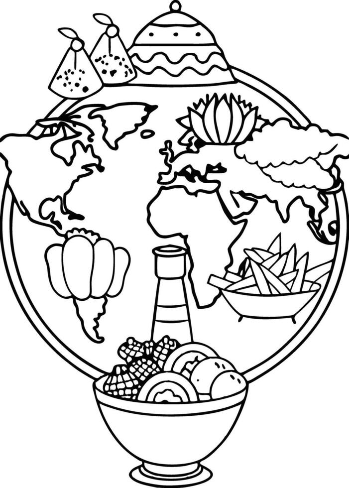 a drawing of a fish and seafood dish with a drawing of a lighthouse. vector