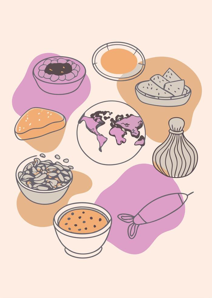 a drawing of various foods including a carton and a carton of milk. vector
