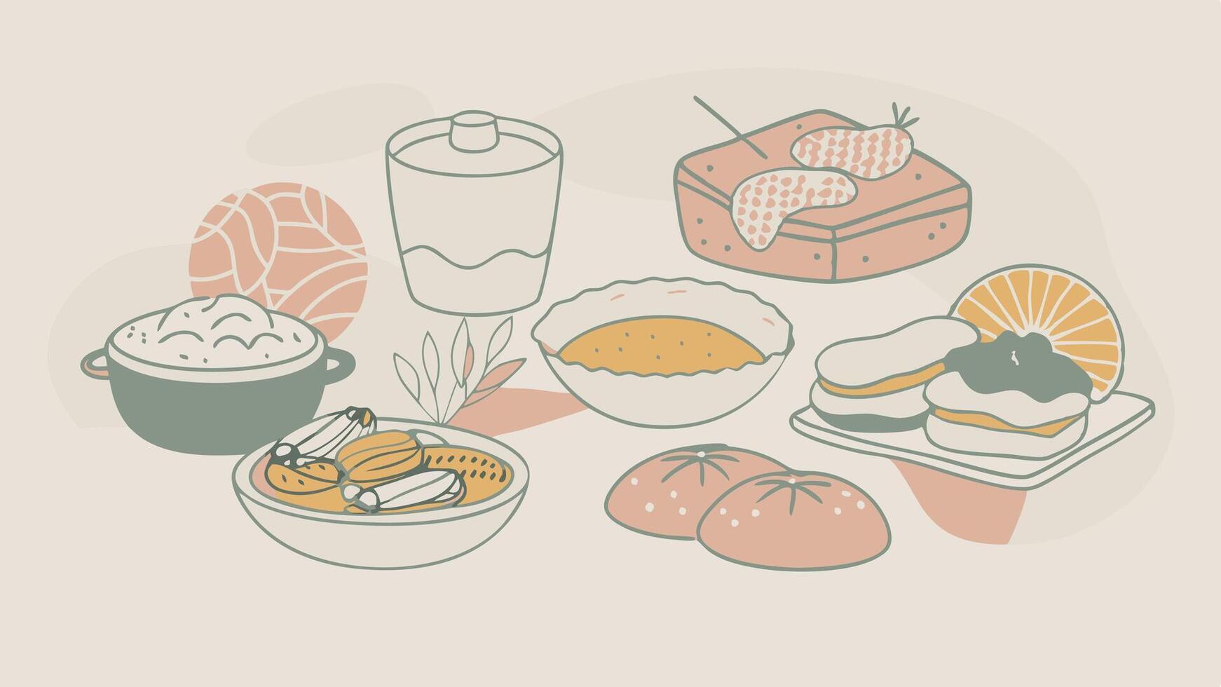 a drawing of a food and a bottle of sushi. vector
