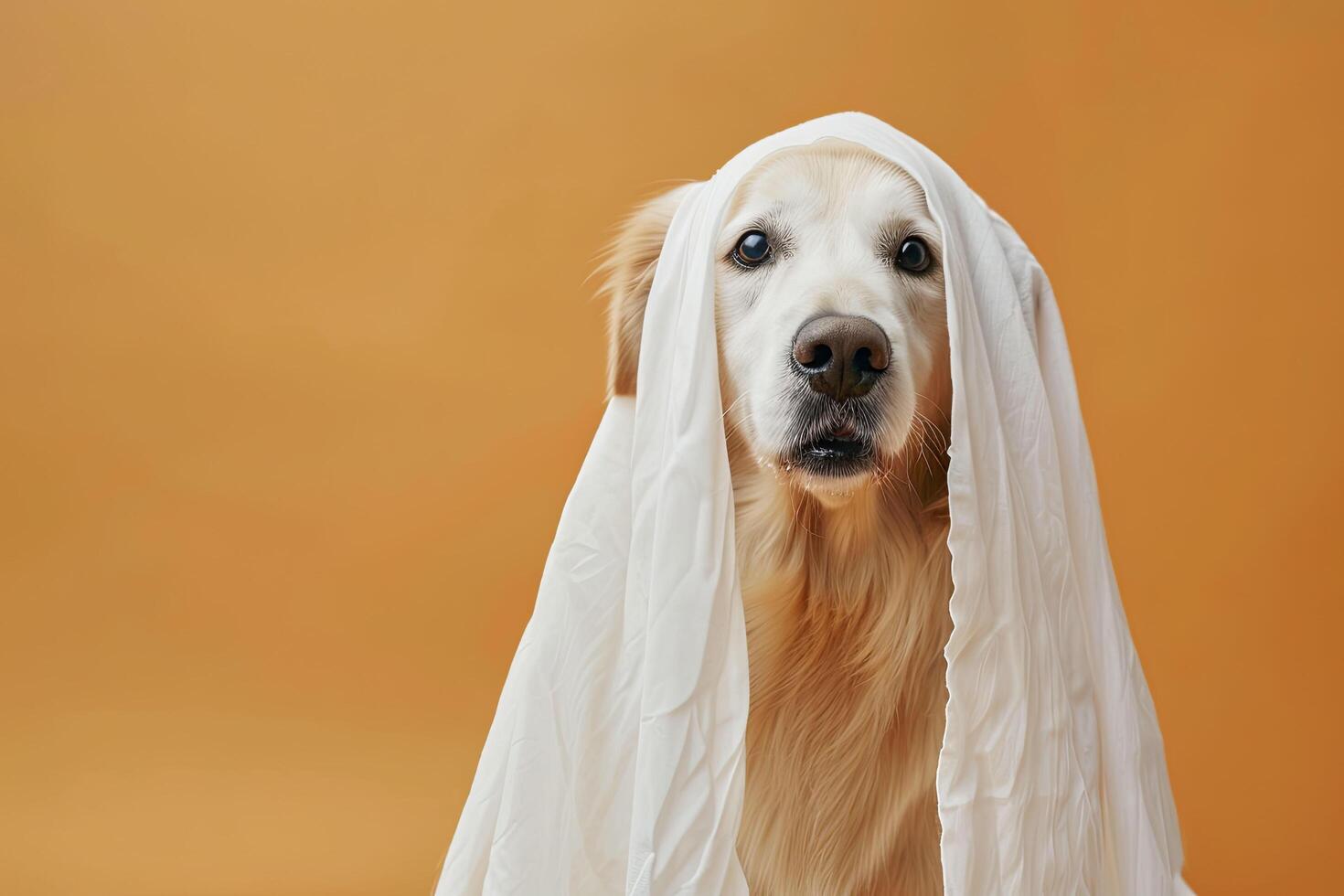 Cute Golden Retriever dog in a white cloth on an orange background. Halloween banner. photo