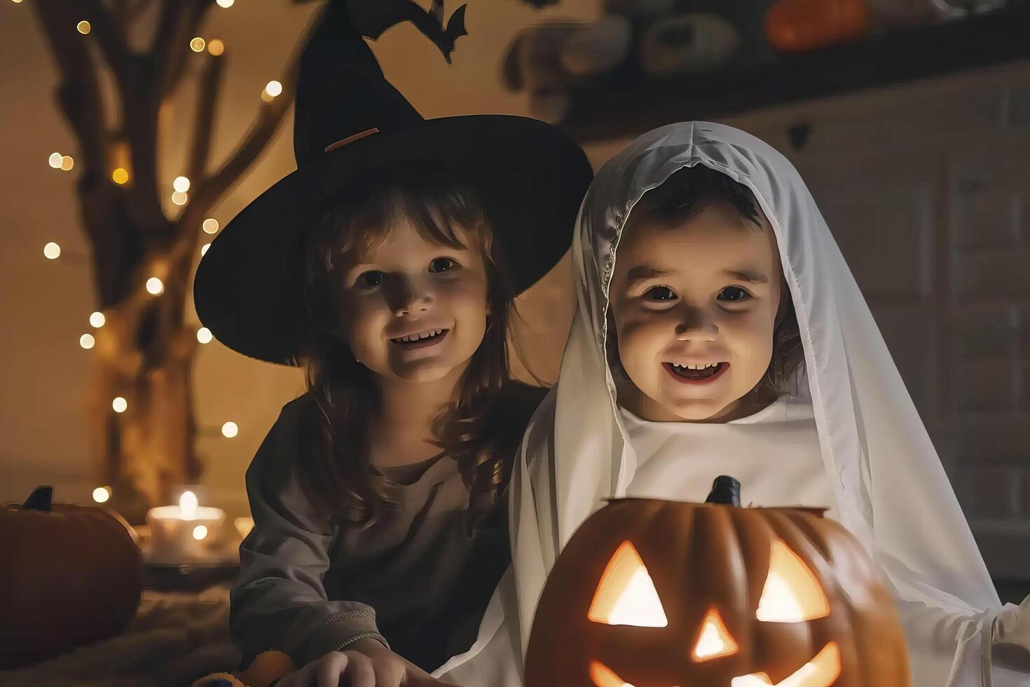 Cute little children in halloween costumes at home. photo