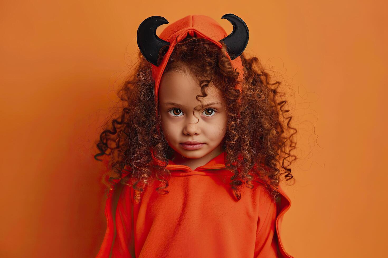 Little girl in halloween costume on orange background. photo